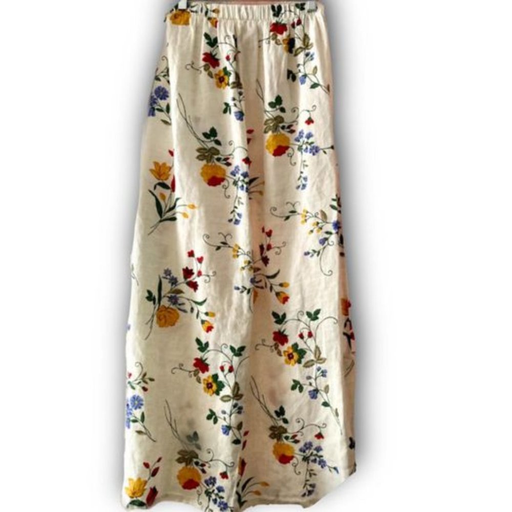 80's White Linen Floral Maxi Skirt Lrg.